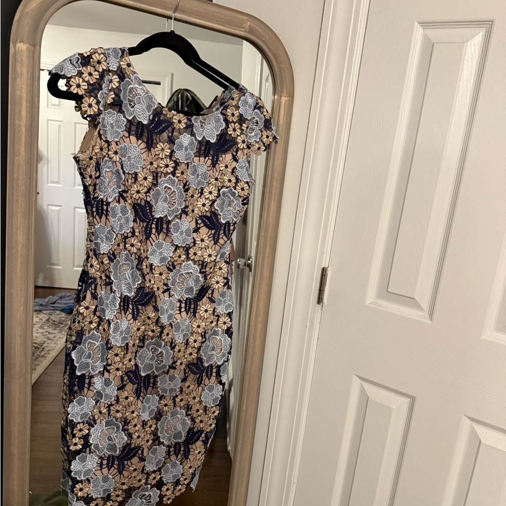 Xscape Navy and Cream Floral Midi Dress